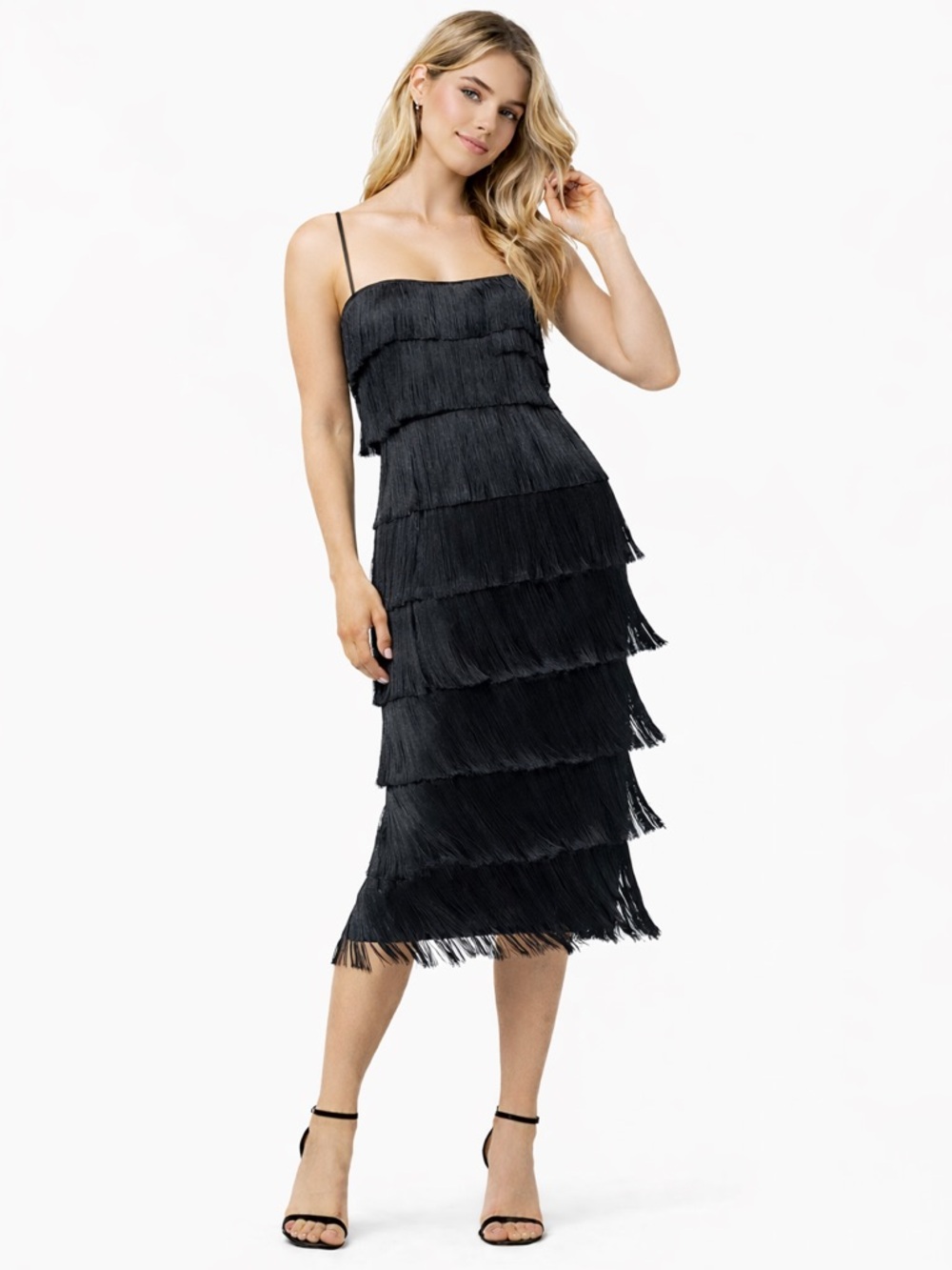 Black Fringe Midi Dress with Spaghetti Straps